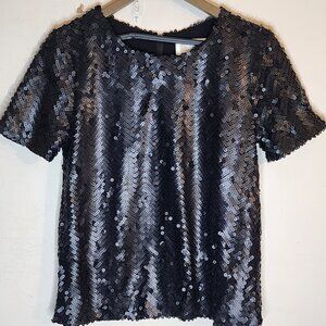 JOA Los Angeles Black Sequin Chevron Short Sleeve Crew Neck Blouse Fancy, sz S